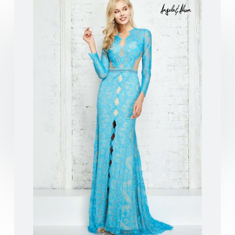 Angela & Alison Bright Turquoise Lace Open-Detail Maxi Gown